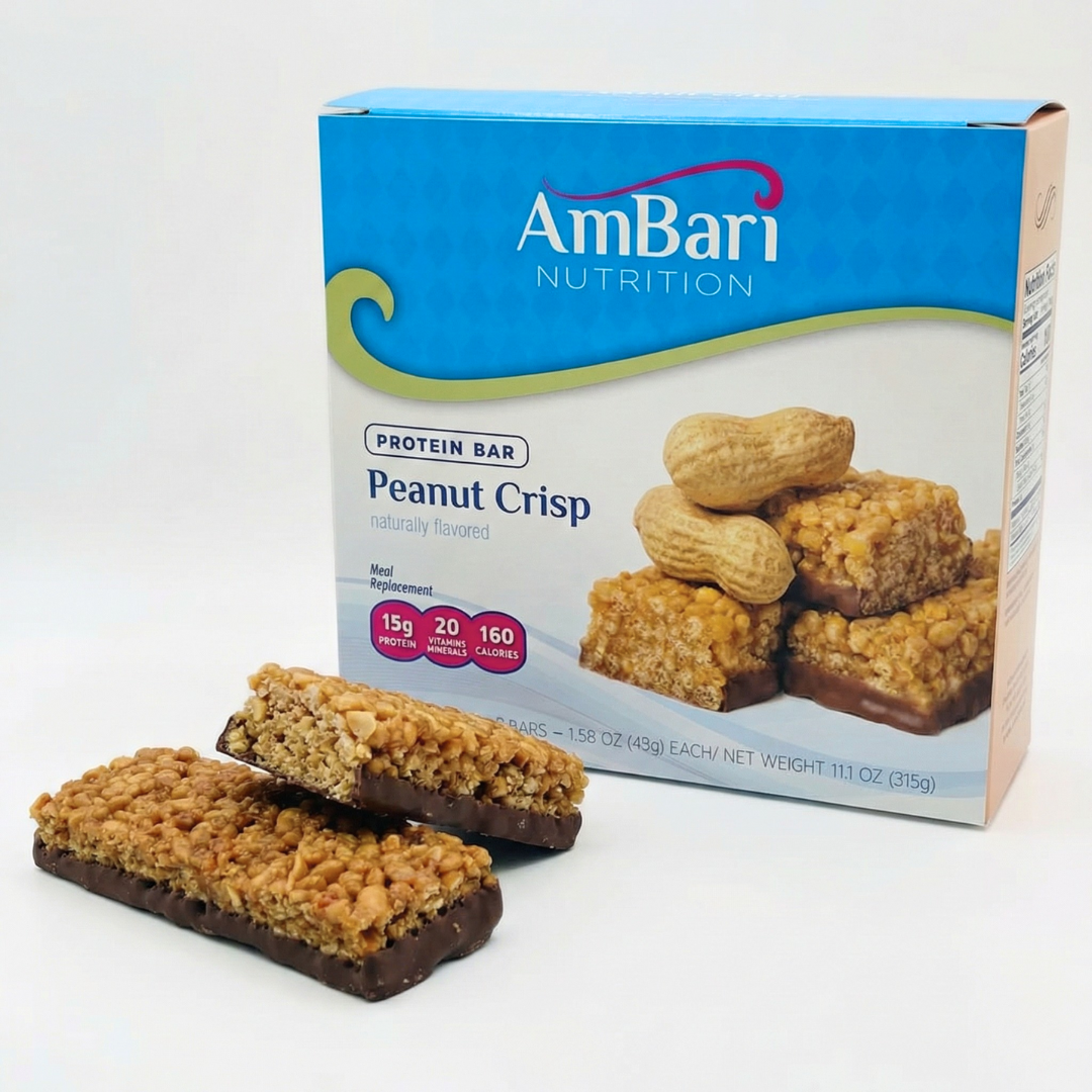 AmBari Nutrition Peanut Crisp Bar showing a crunchy peanut-flavored protein bar with visible peanut pieces on the surface.