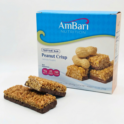 AmBari Nutrition Peanut Crisp Bar showing a crunchy peanut-flavored protein bar with visible peanut pieces on the surface.