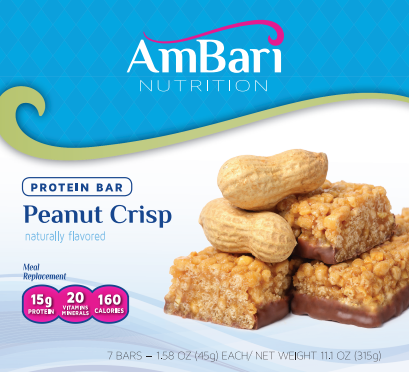 AmBari Nutrition Peanut Crisp Bars showing crunchy peanut-filled snack bars with a textured surface