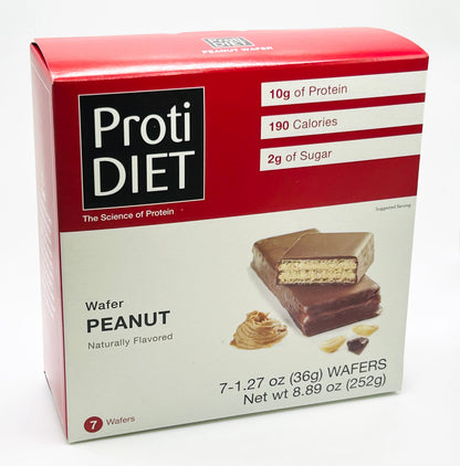 AmBari Nutrition PROTIDIET wafer bar with peanut flavor, showcasing crispy wafer layers coated in chocolate.