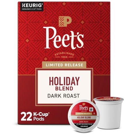 KupofK Coffee Holiday Blend K-cups featuring dark roast coffee pods in a 22-count box, compatible with Keurig brewers.