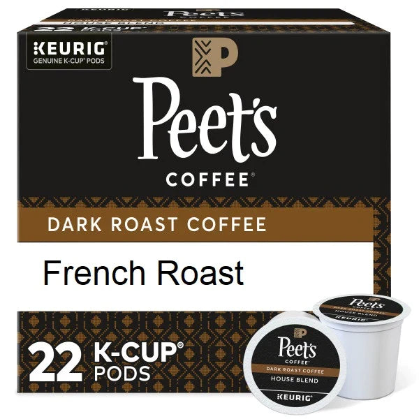 KupofK Coffee Peet's French Roast K-cups for coffee brewing, featuring dark roasted coffee capsules in a sleek package.
