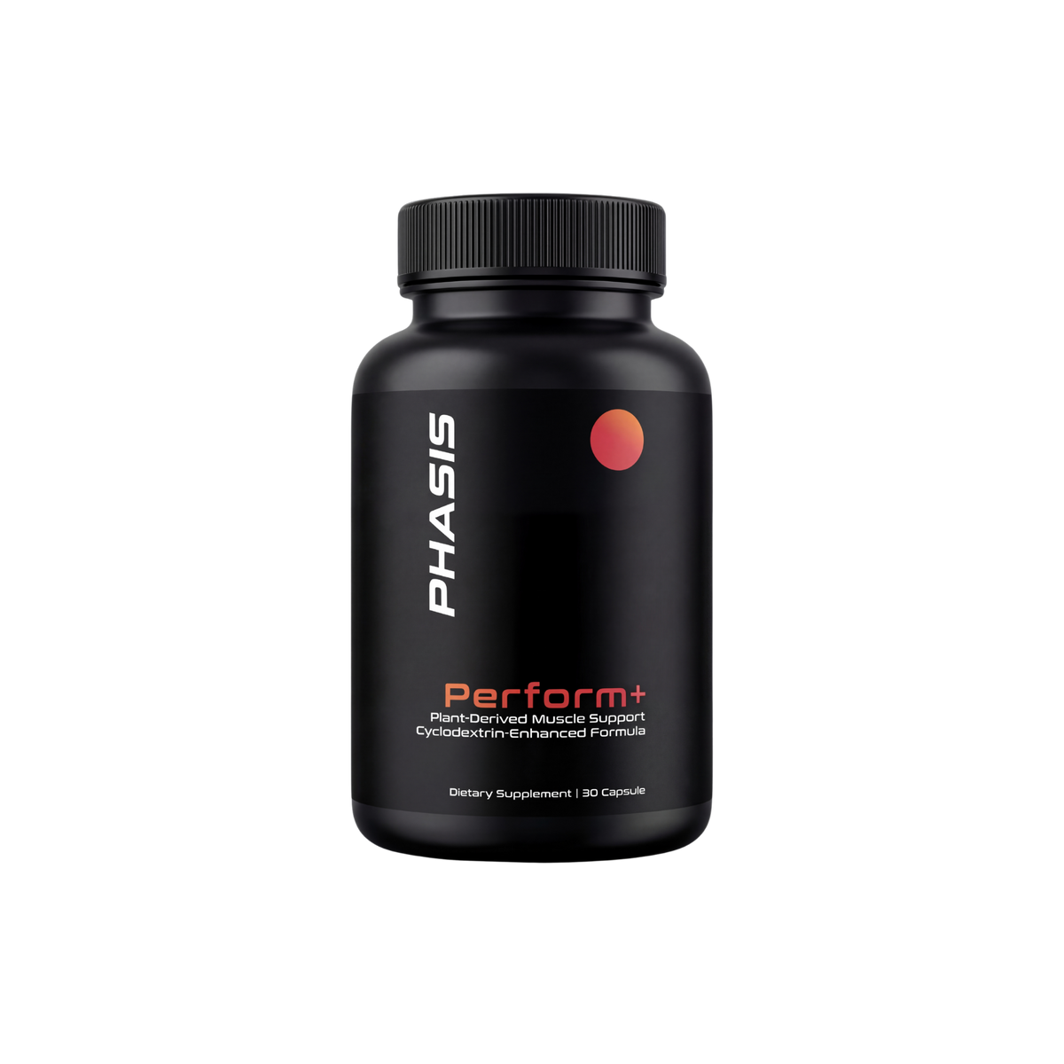 PHASIS Perform+ dietary supplement bottle with 30 capsules, showcasing the product label and capsules inside.