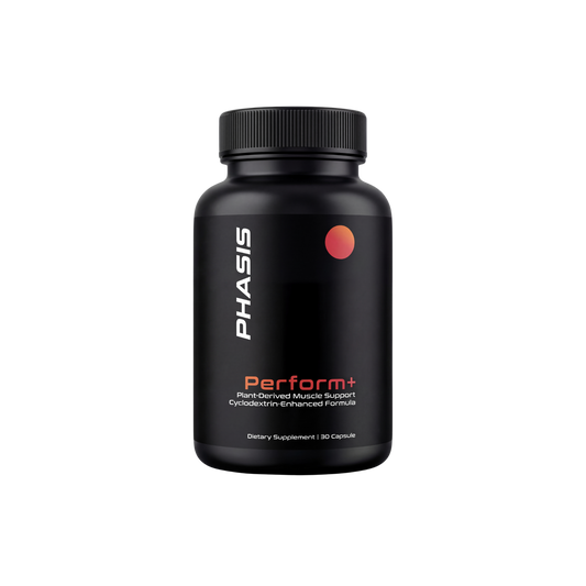 PHASIS Perform+ dietary supplement bottle with 30 capsules, showcasing the product label and capsules inside.