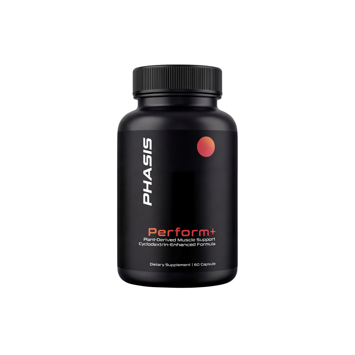 PHASIS Perform+ supplement bottle with 60 capsules, featuring a sleek label design and product branding.