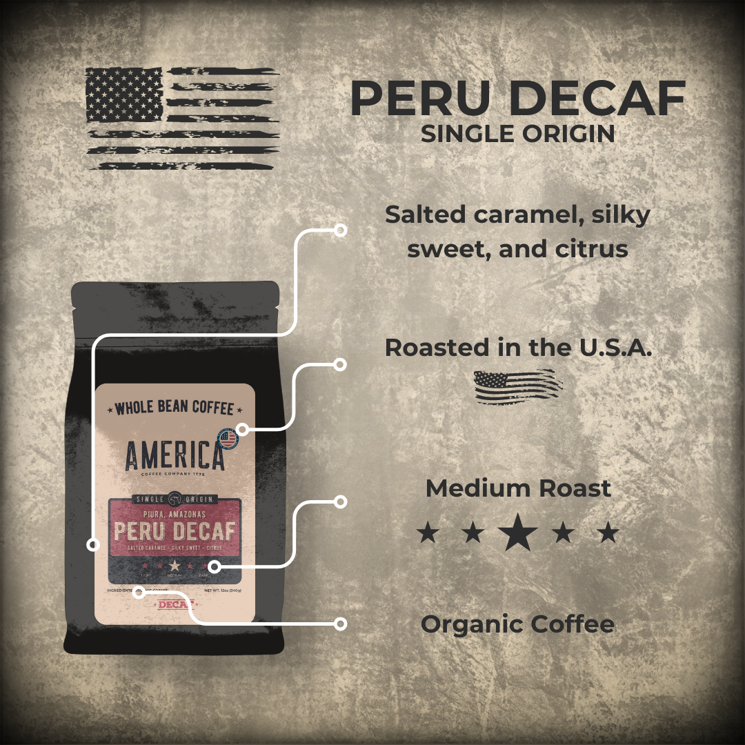 Bag of Peru Decaf single origin coffee from America Supply Company LLC, showing the label and packaging details.