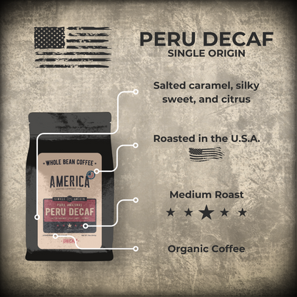 Bag of Peru Decaf single origin coffee from America Supply Company LLC, showing the label and packaging details.