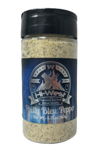 Front view of Hi-West Philly Bleu Pepper seasoning jar featuring blue label, spices, and product branding.