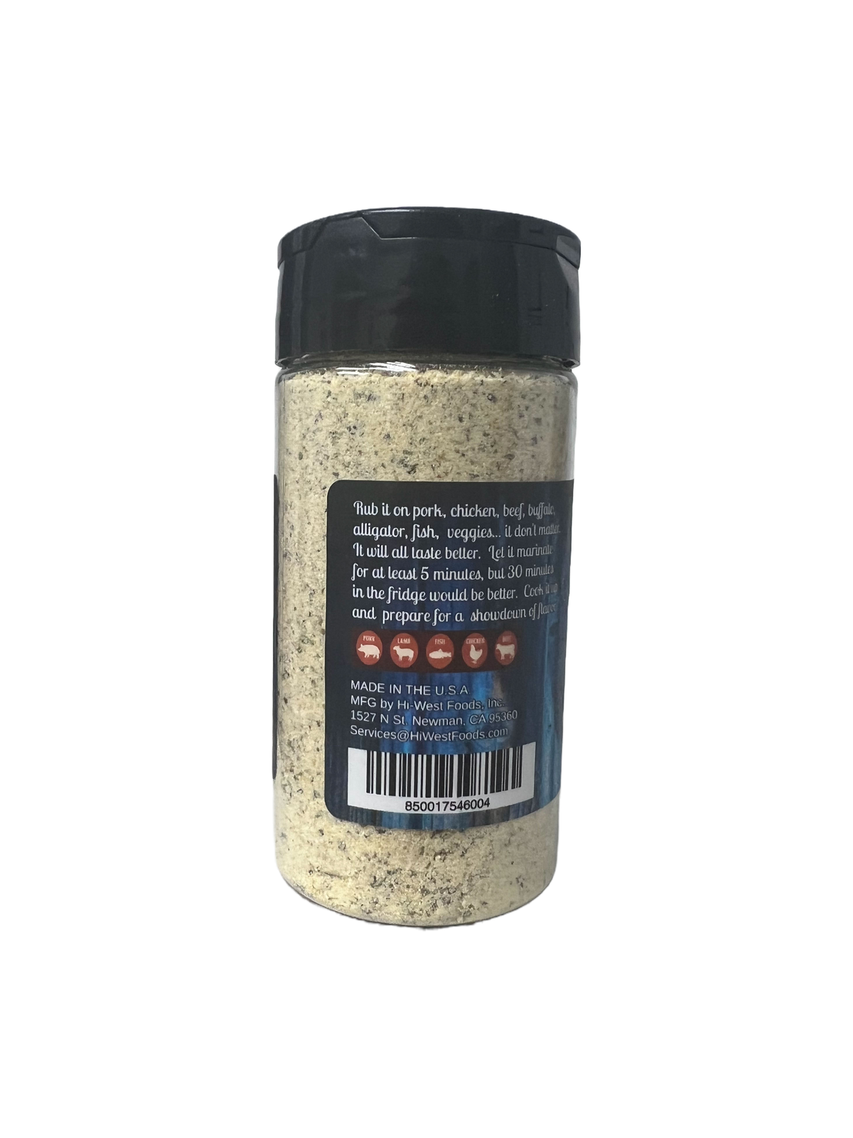 Hi-West Philly Bleu Pepper seasoning jar with blue label and black lid, showcasing the flavorful spice blend from Hi-West Foods.