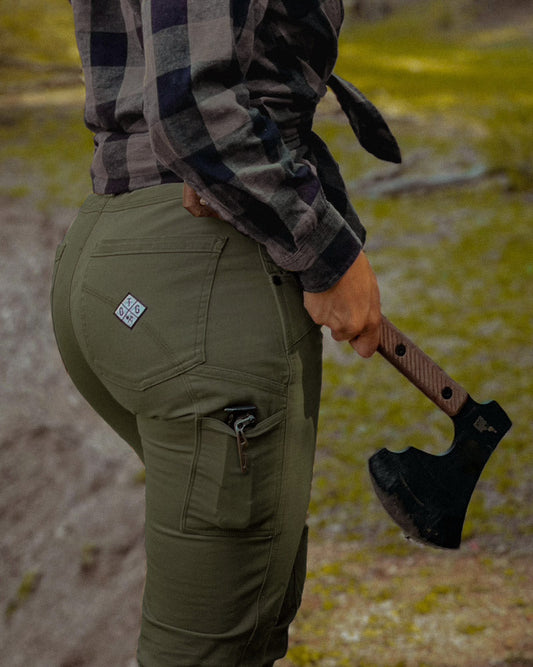 Dark olive Kestral women's pants by Off The Grid Surplus, featuring a comfortable fit and casual style.