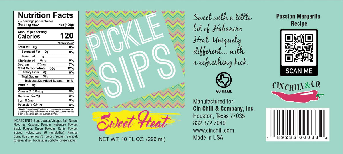 Cinderosa Ranch Pickle Sips Sweet Heat 10 fl oz bottle with spicy and sweet pickle flavor, shown with branding on the label.