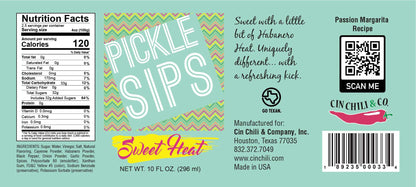 Cinderosa Ranch Pickle Sips Sweet Heat 10 fl oz bottle with spicy and sweet pickle flavor, shown with branding on the label.