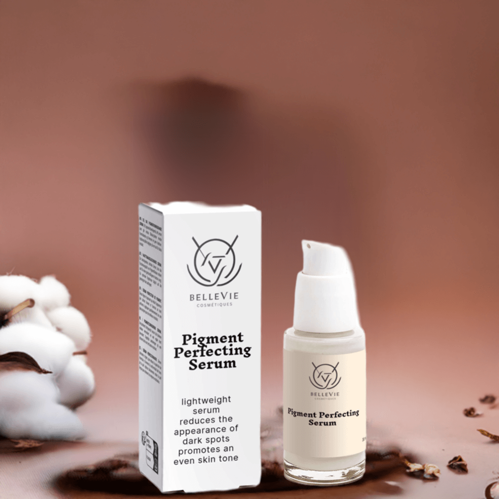 BelleVie Cosmétiques Pigment Perfecting Serum bottle, brightening serum for dark spots and an even, radiant skin tone.