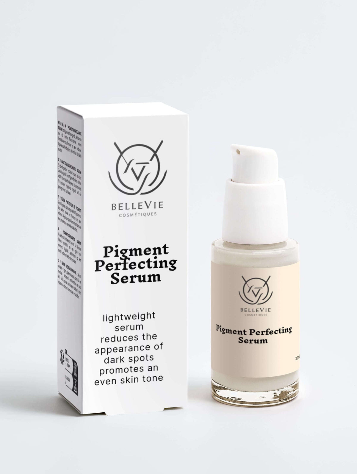 BelleVie Cosmétiques Pigment Perfecting Serum in white and transparent packaging, designed to target dark spots and brighten skin.
