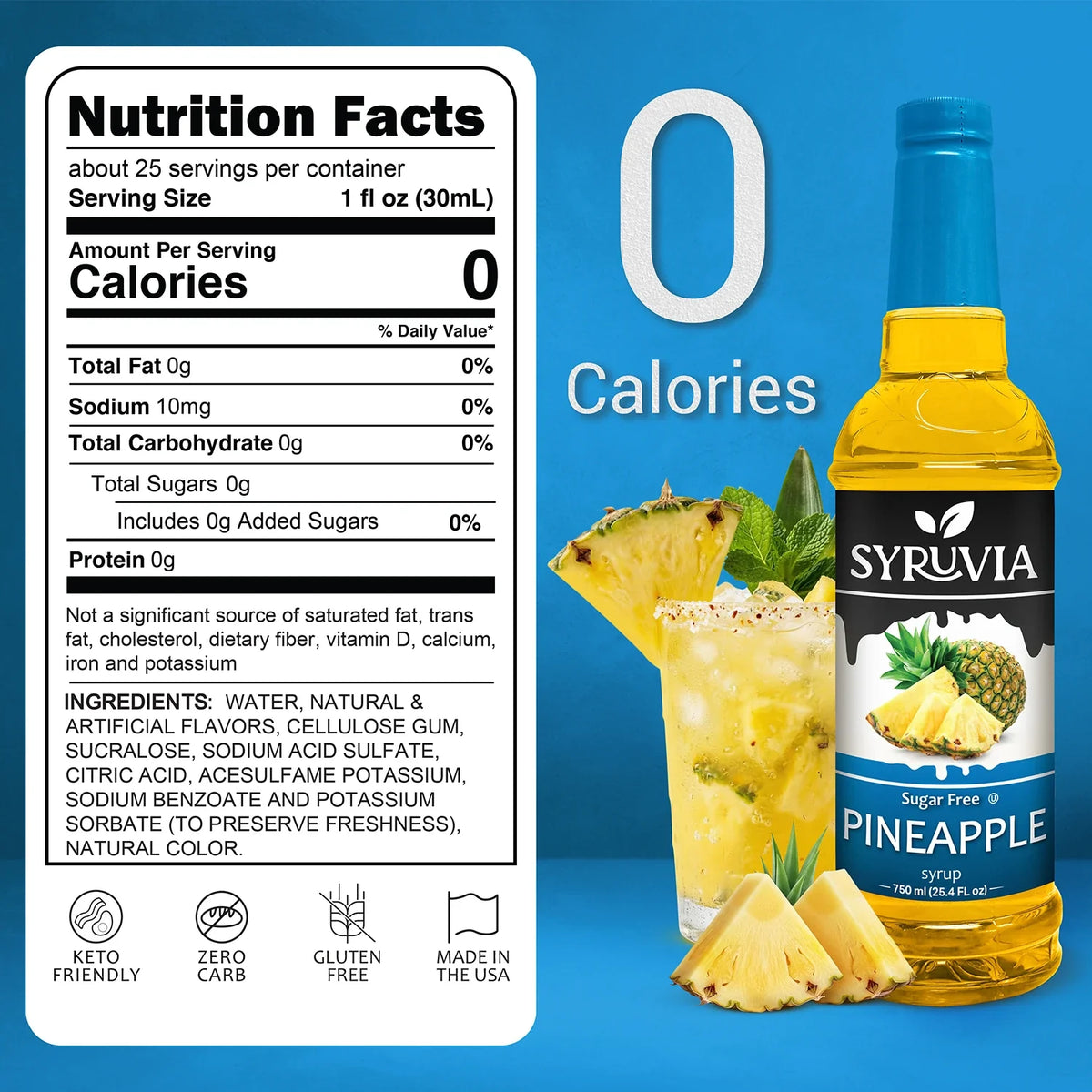 Bottle of Syruvia sugar-free pineapple syrup with pineapple slices and syrup pouring over fresh pineapple chunks.