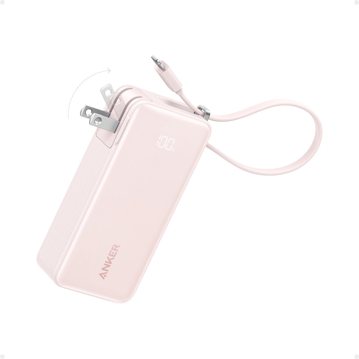 Pink Anker Power Bank 10K with built-in fusion cable, compact portable charger for smartphones and devices.