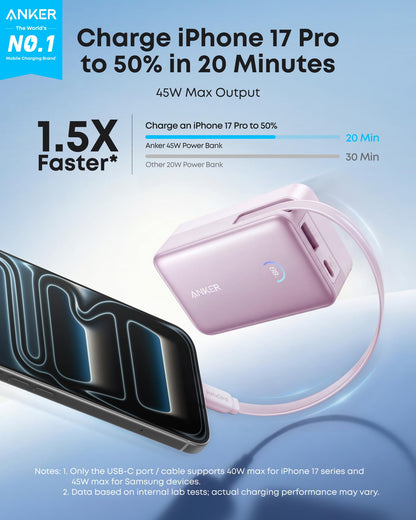 Pink Anker Nano 10,000mAh power bank with 45W fast charging and built-in retractable USB-C cable for portable charging.