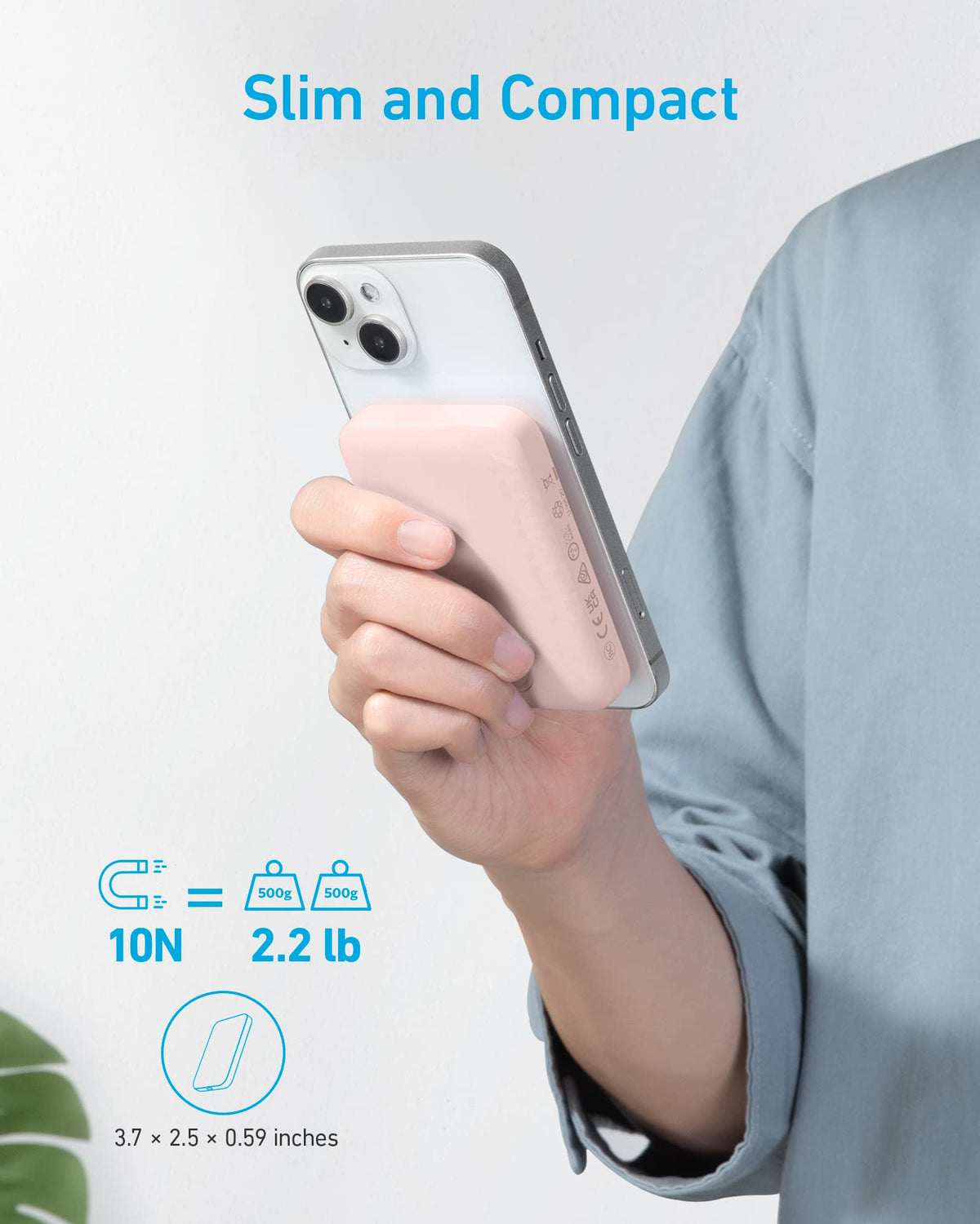 Pink Anker 321 MagGo Battery PowerCore Magnetic 5K charging device with magnetic attachment for portable power.