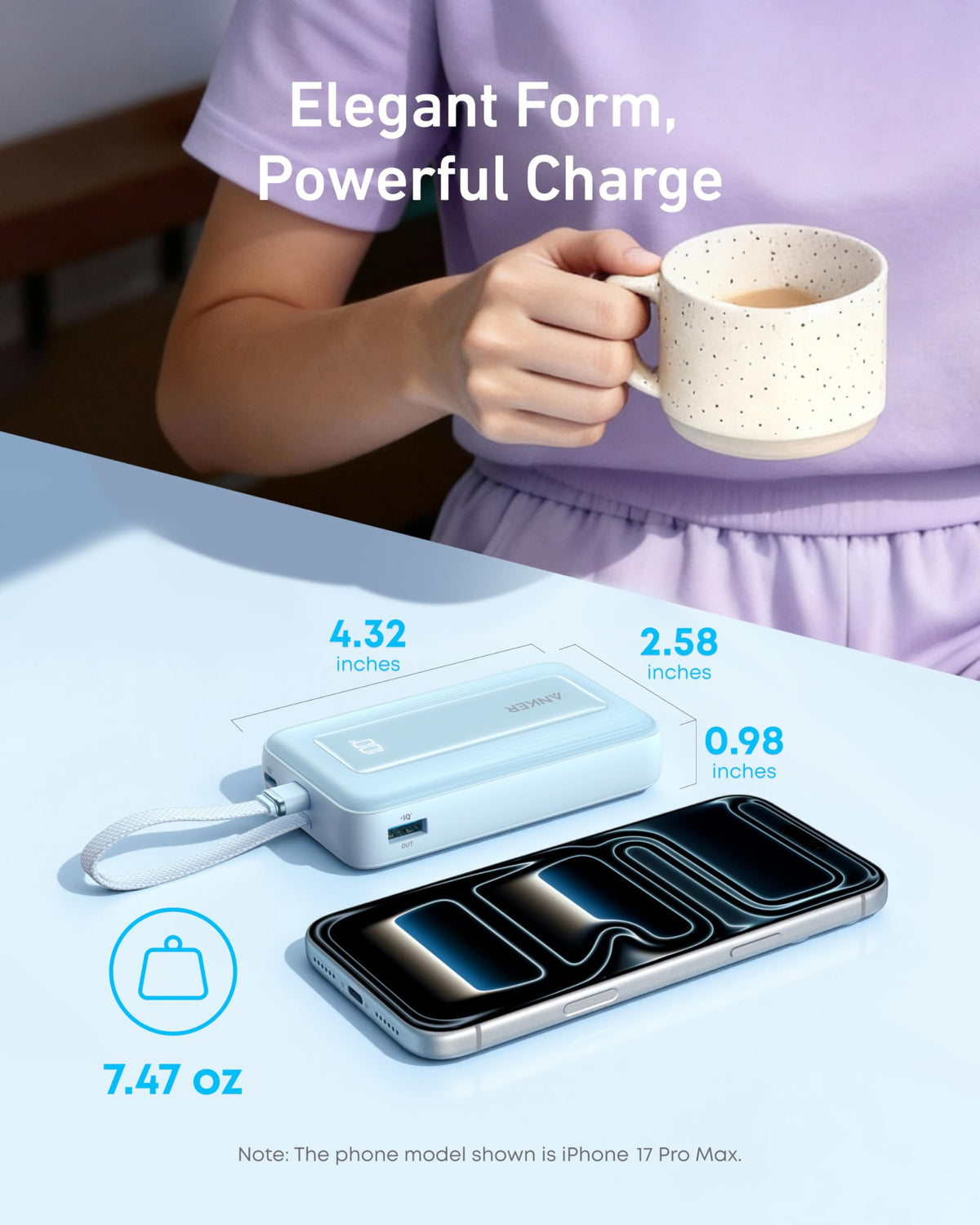 Pink Anker Zolo Power Bank 10K with 30W USB-C cable, showing the portable device with built-in charging cable.
