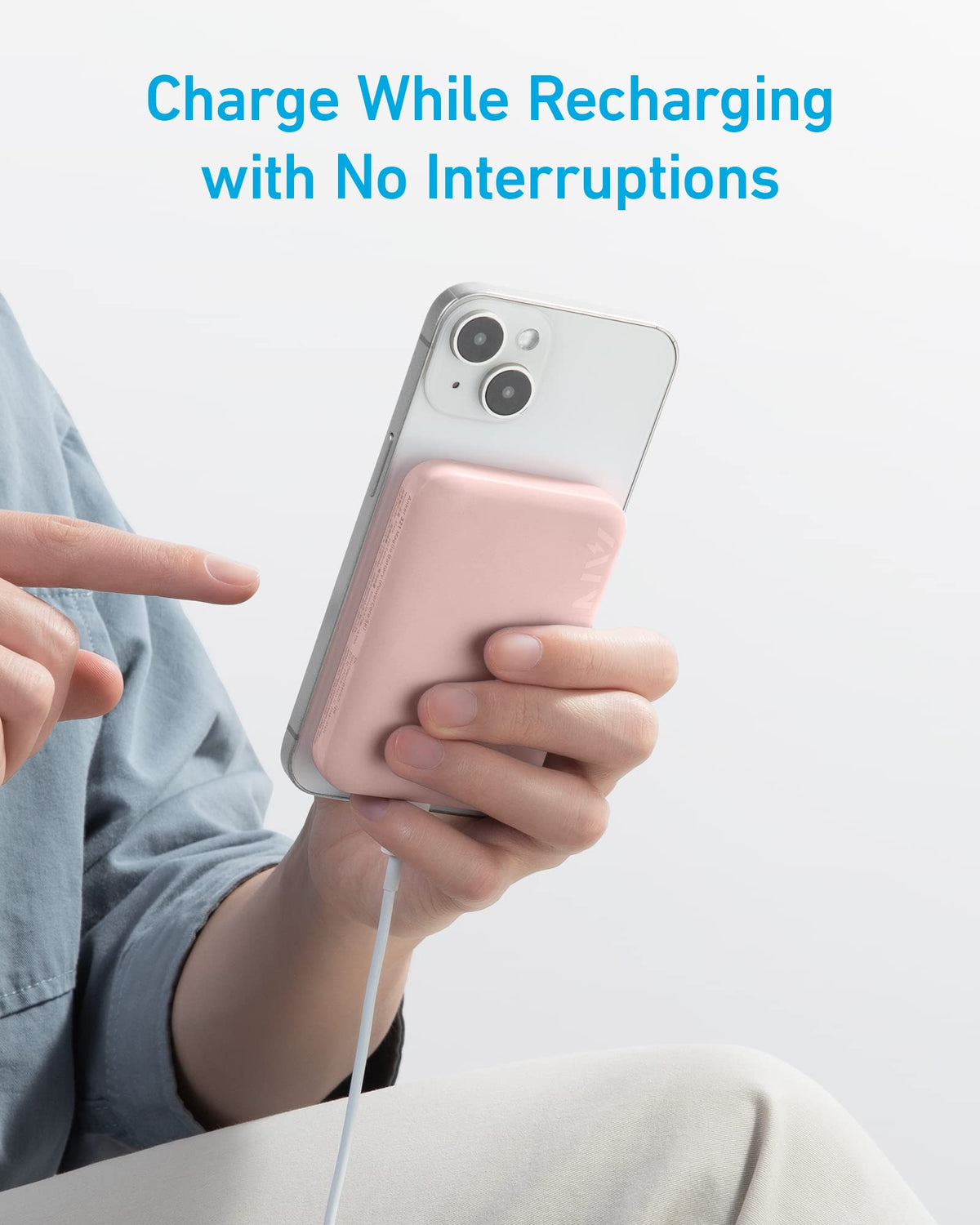 Pink Anker 321 MagGo PowerCore Magnetic 5K portable battery for charging devices with magnetic attachment.