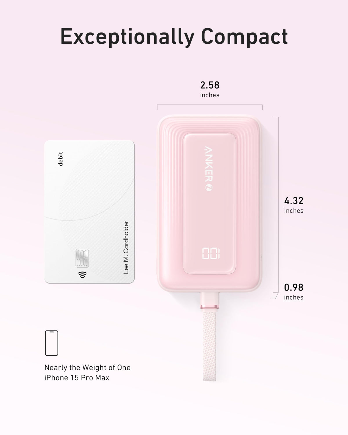 Pink Anker Zolo Power Bank with 10,000mAh capacity, 30W fast charging, and built-in 5.4-inch USB-C cable.