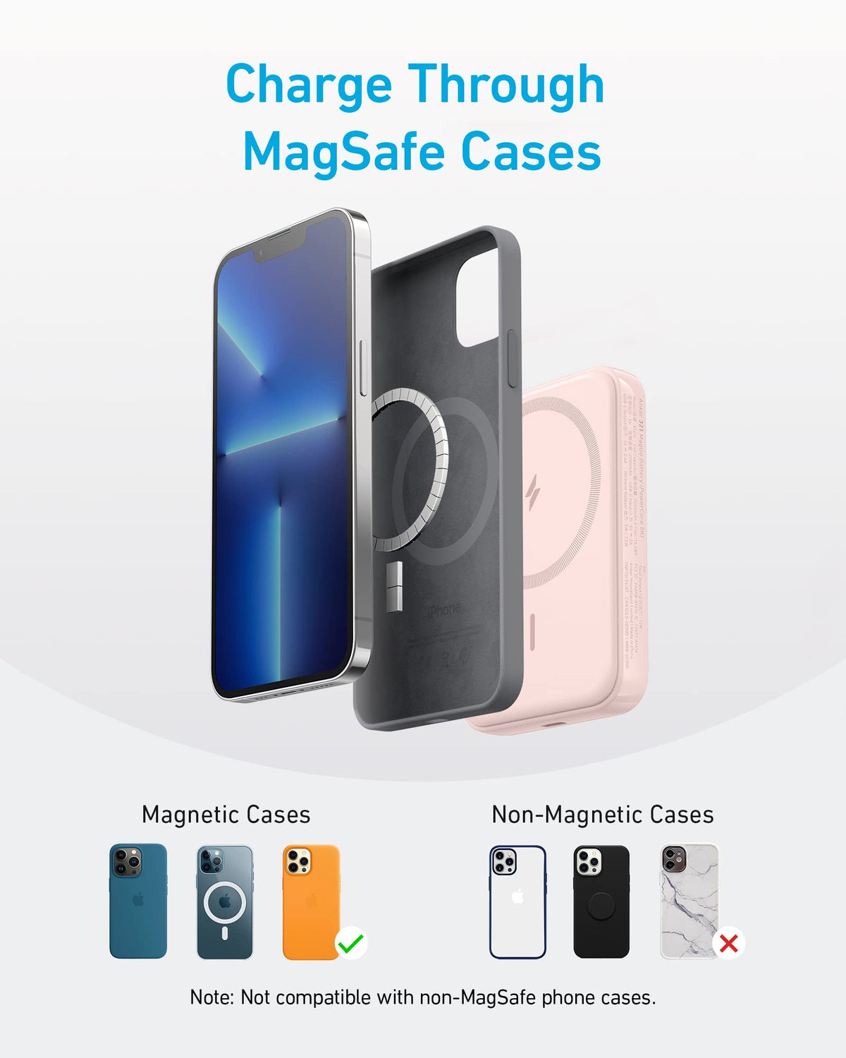 Pink Anker 321 MagGo PowerCore Magnetic 5K battery for charging, showing compact design and magnetic attachment for smartphones.