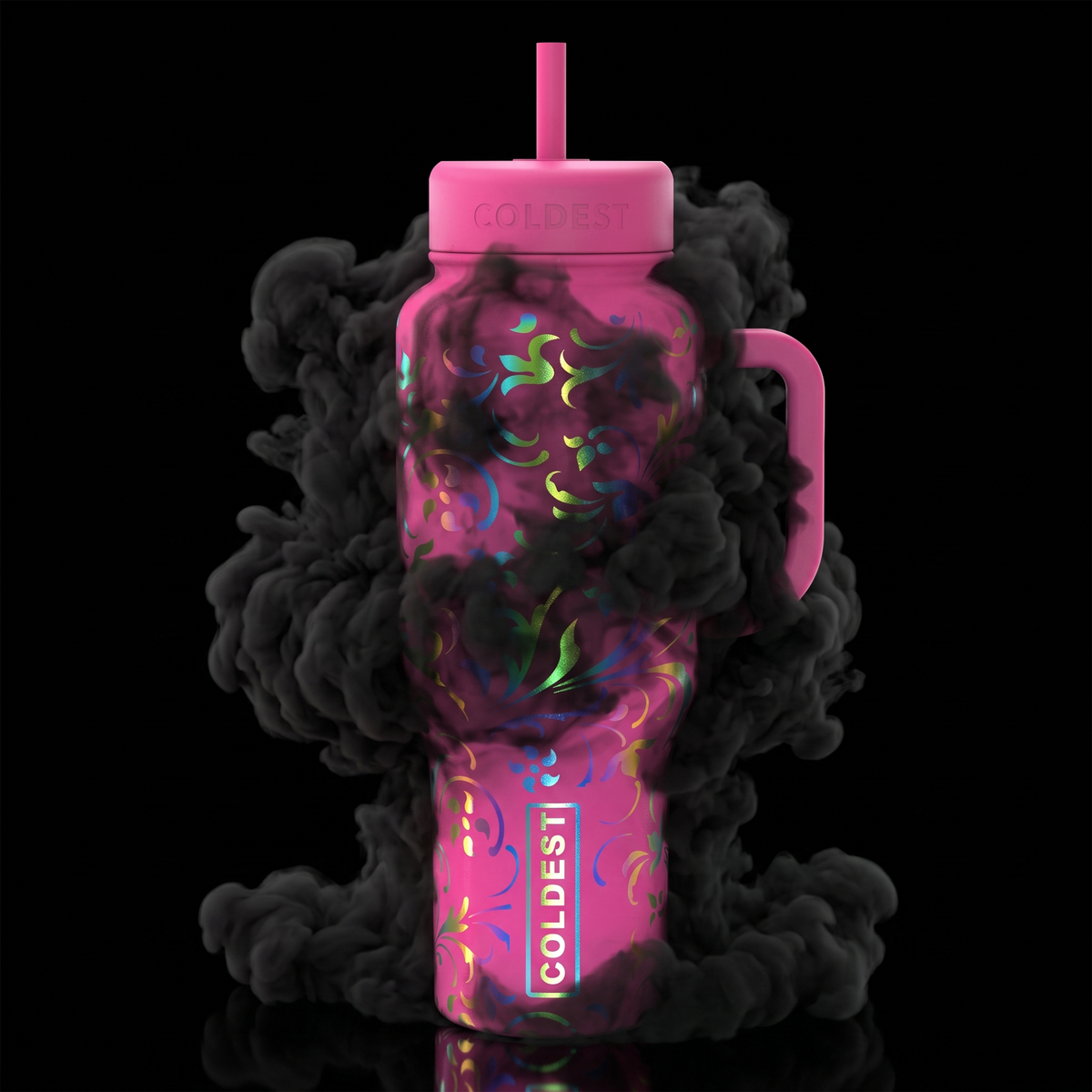 Pink floral design on Coldest Limitless Ultra v8 15oz tumbler with pink moonlight pattern, durable stainless steel insulation bottle.