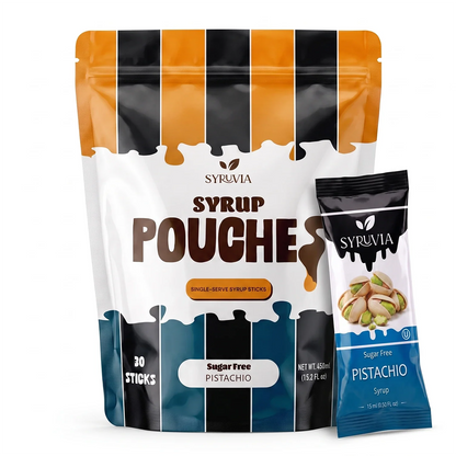 Syruvia sugar-free pistachio syrup pouches, creamy green pistachio flavor in flexible packaging for beverages and desserts.