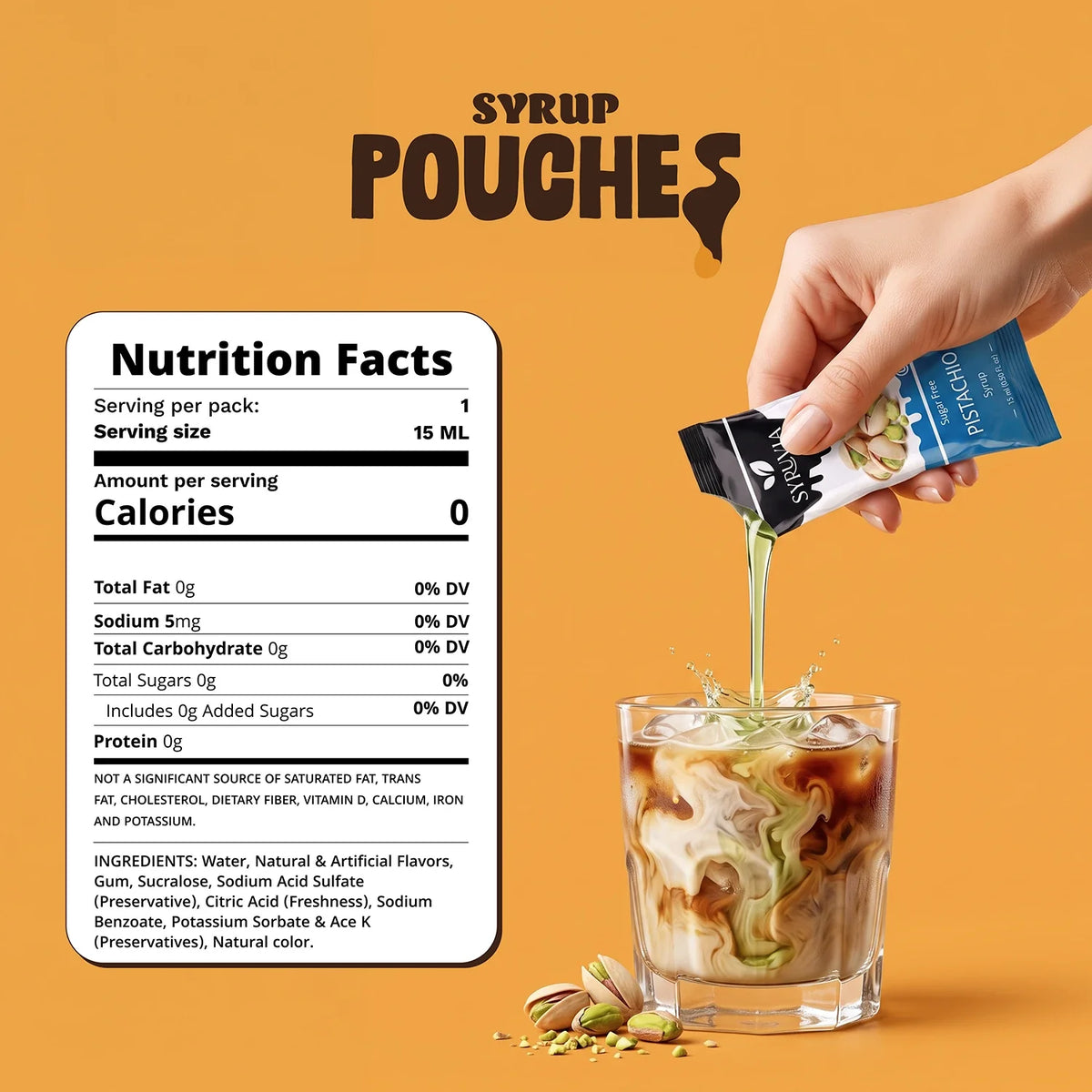 Sugar free pistachio syrup pouch by Syruvia, showcasing a vibrant green pistachio-flavored syrup in a convenient pouch.