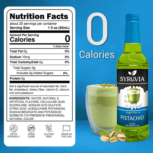 Sugar-free pistachio syrup by Syruvia, showing a clear bottle of green pistachio-flavored syrup with a label and screw cap.