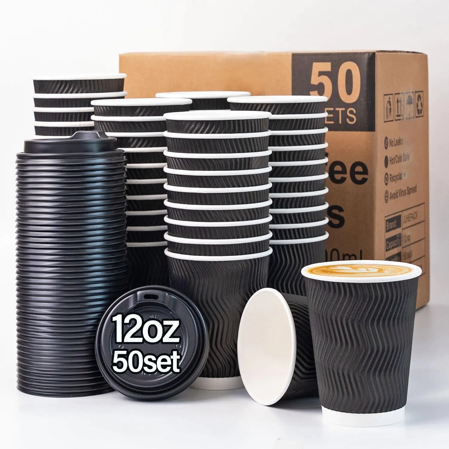 JUHEpack Disposable Coffee Cups With Lids50 Pack12 oz Insulated Ripple Wall Paper Coffee CupsTo Go Iced Coffee Cups for Hot and Cold Beverages Tea Hot Chocolate Drinks (Black 12oz-50)