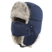 Home Prefer Mens Faux Fur Trooper Trapper Hat with Face Mask Waterproof Cold Weather Winter Hat Fishing Hunting Trapper Hat for Men Women Navy Blue