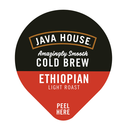 Ethiopian Cold Brew Coffee Pods by Java House, pack of 36, showing sleek coffee pod with Ethiopian coffee branding.