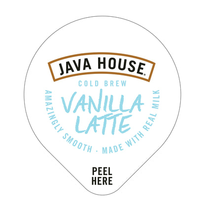 Java House Cold Brew Latte with French Vanilla flavor in a convenient coffee pod lid, showcasing a creamy vanilla latte beverage.