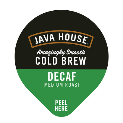 Decaf Cold Brew Coffee Pods from Java House with sealed lids, ready for brewing and enjoying smooth, decaffeinated coffee.