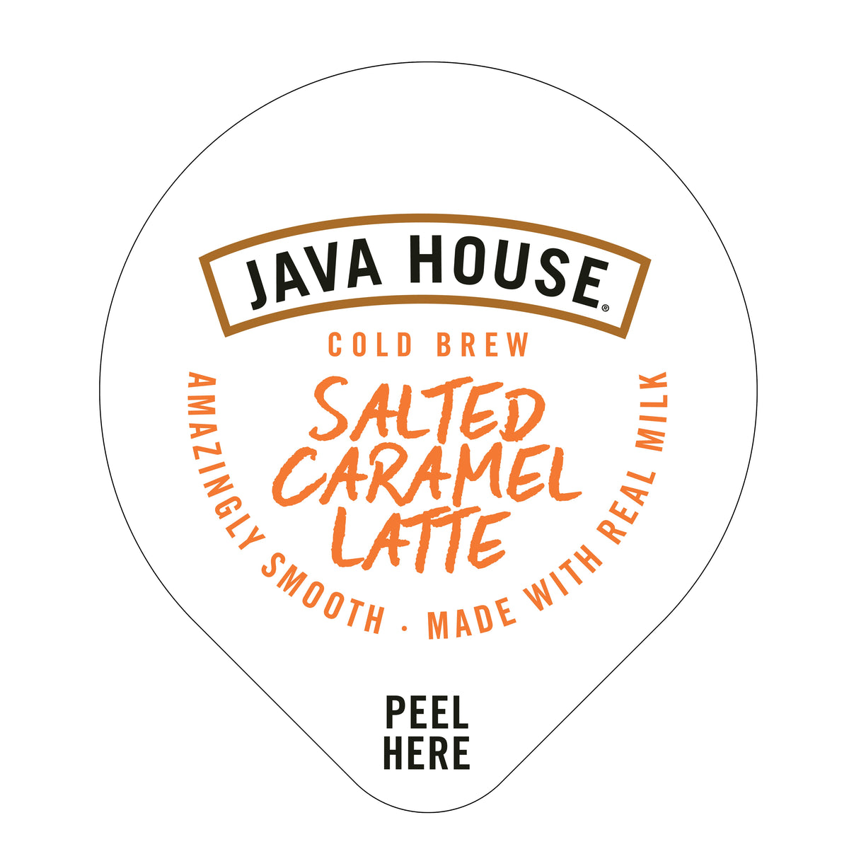 Coffee pod lid for Java House salted caramel cold brew latte, featuring salted caramel flavor and coffee packaging design.