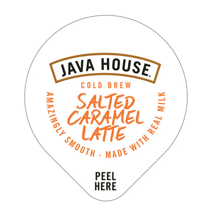Coffee pod lid for Java House salted caramel cold brew latte, featuring salted caramel flavor and coffee packaging design.