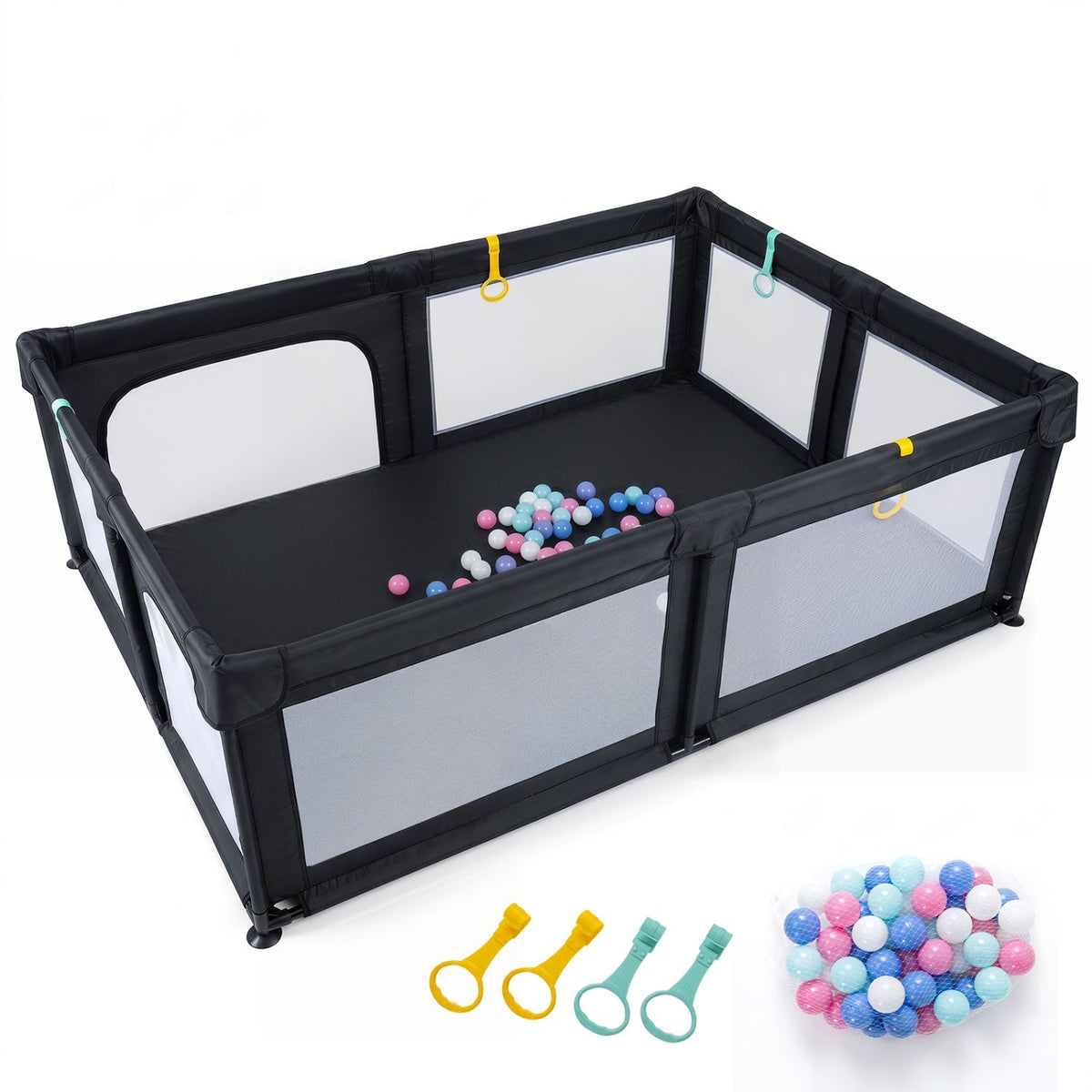 Baby playpen with breathable mesh sides filled with colorful ocean balls, designed for safe and fun play.