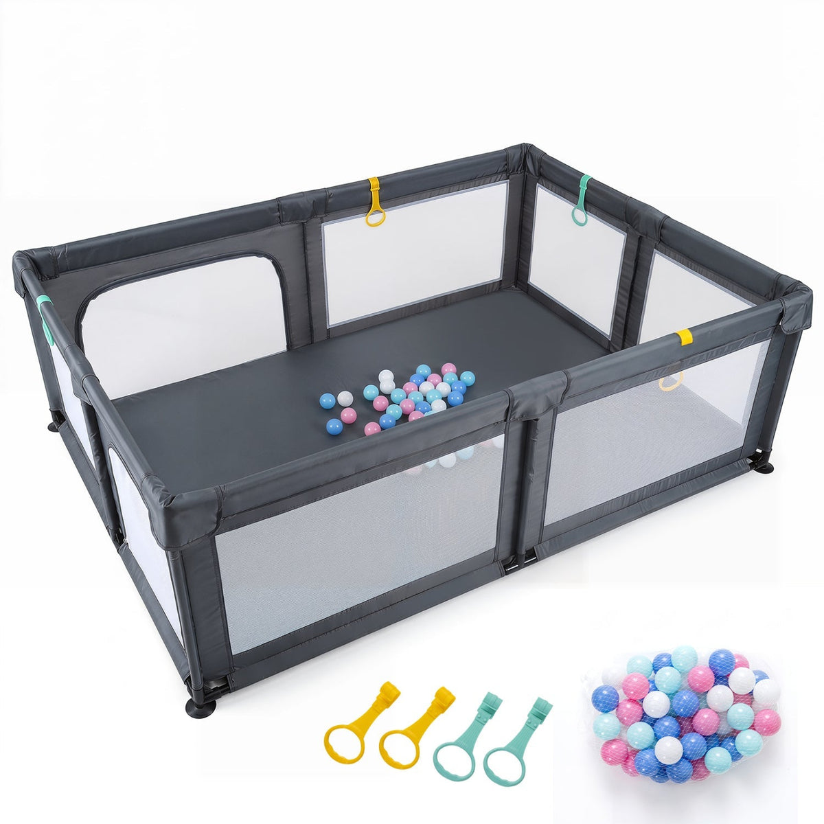 Baby playpen with breathable mesh sides and 50 ocean-colored balls, designed for safe and fun play for infants.