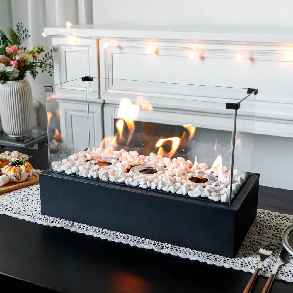 Portable 18-inch rectangular tabletop fire pit by JHY DESIGN, designed for gel and ethanol fires, ideal for outdoor heating and ambiance.