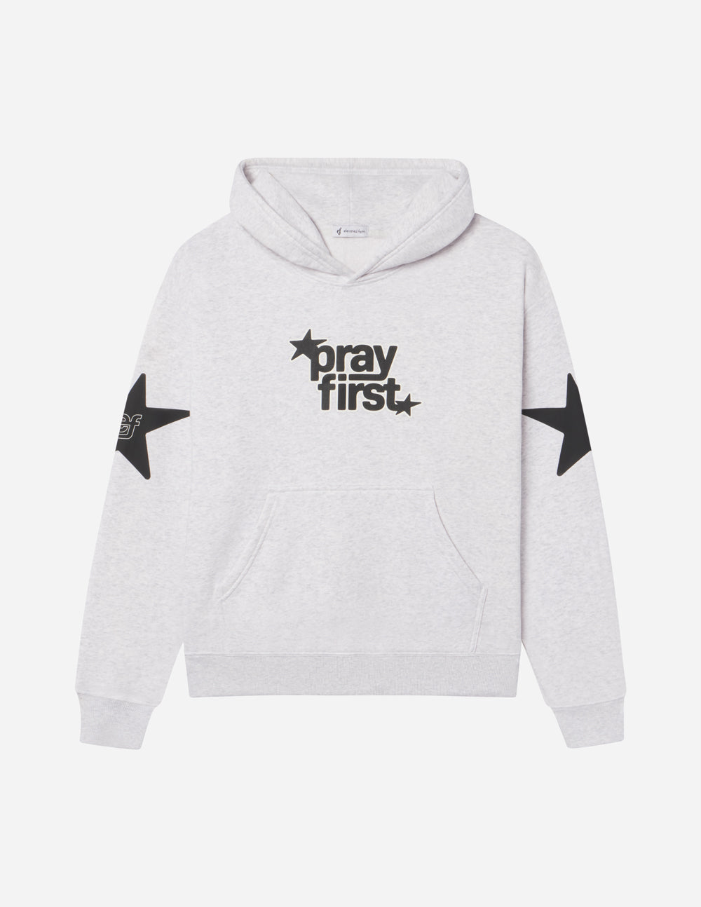 Unisex Pray First hoodie by Elevated Faith featuring a comfortable fit and spiritual design, shown in a front view image.