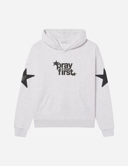 Unisex Pray First hoodie by Elevated Faith featuring a comfortable fit and spiritual design, shown in a front view image.