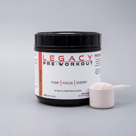 Legacy Performance Peach Mango pre-workout supplement scoop, natural energy boost, 30 servings, vitamins and supplements.