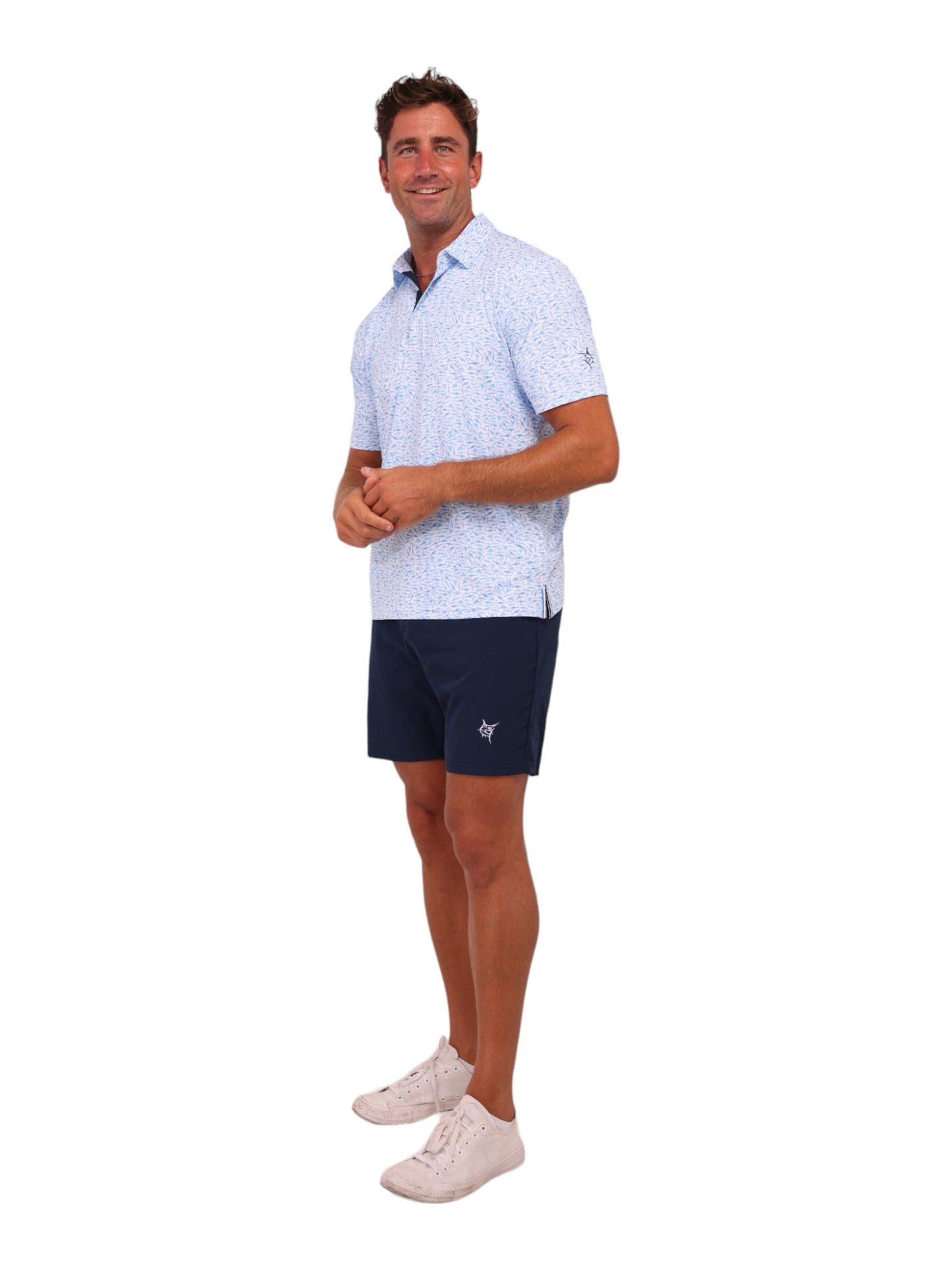 White Water Life Predator print polo shirt featuring a detailed predator graphic on navy fabric.