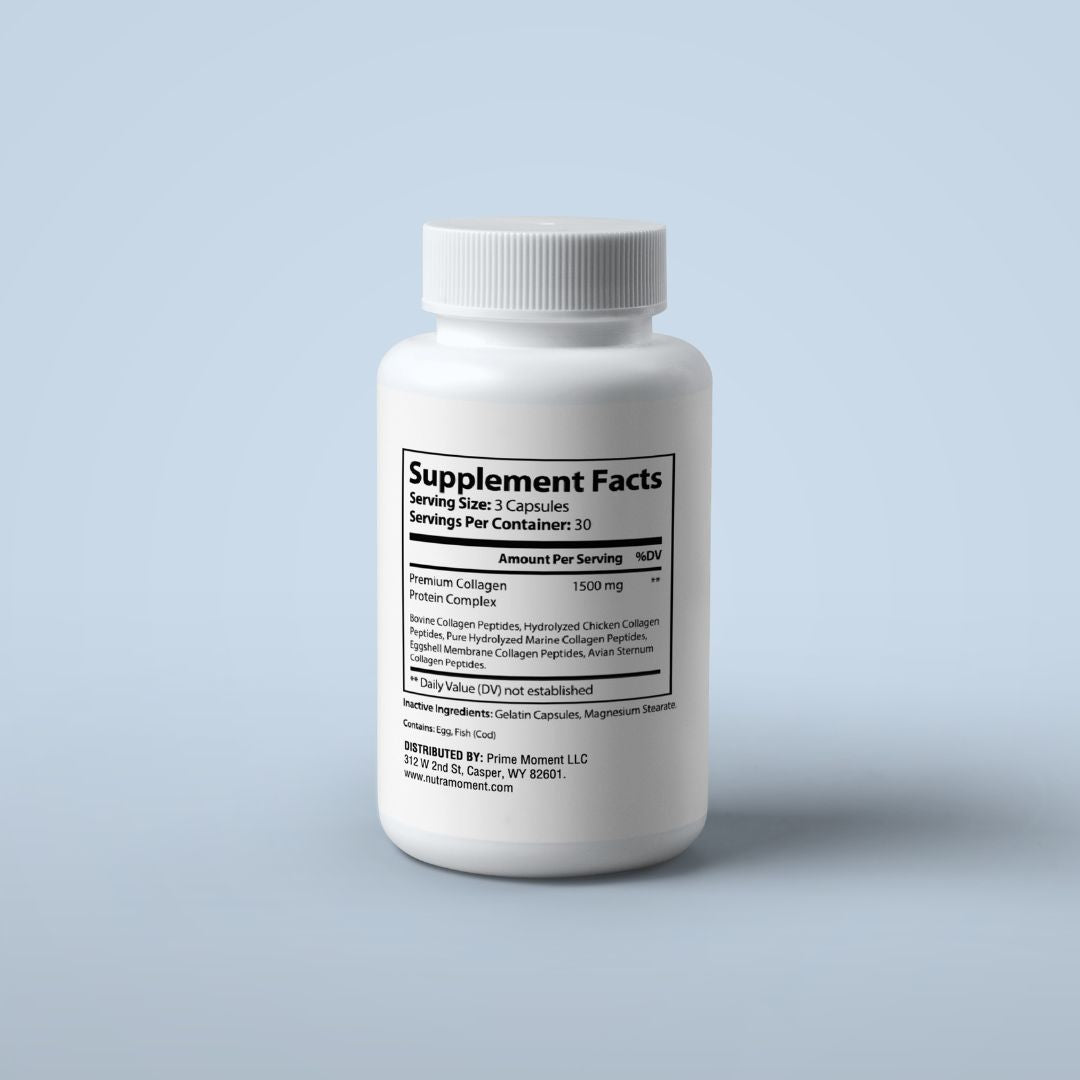 Cream-colored Nutra Moment Premium Collagen Peptides in a jar, highlighting health and beauty supplement for skin and joint support.