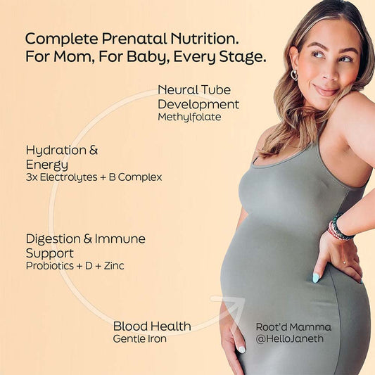 Root'd Growing Together Bundle multivitamin for expectant parents, featuring orange background and prenatal health benefits.