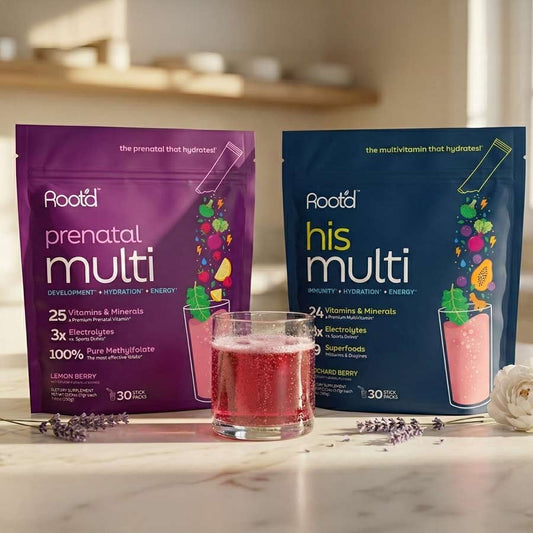 Root'd Growing Together Bundle multivitamin for future mom and dad, featuring prenatal vitamins for optimal hydration and health.