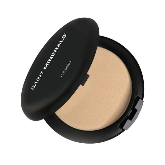Panoply Beauty Saint Minerals original pressed foundation compact with natural beige shade and smooth, matte finish.