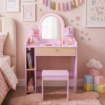 Pink kids vanity table set with LED mirror, pretend makeup accessories, and matching stool, designed for children’s play and grooming.