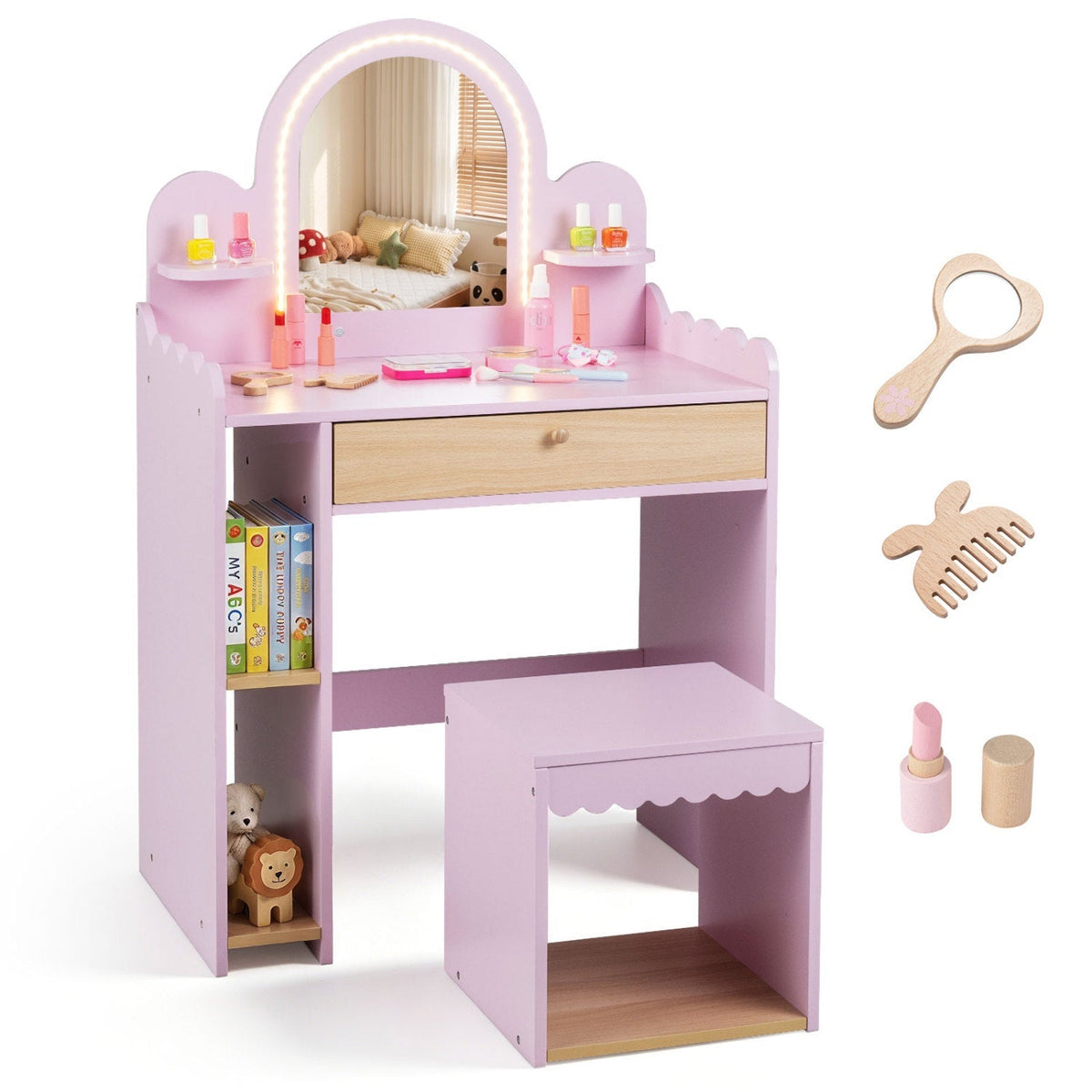 Pink kids vanity table set with LED mirror and stool, featuring pretend makeup accessories for imaginative play.